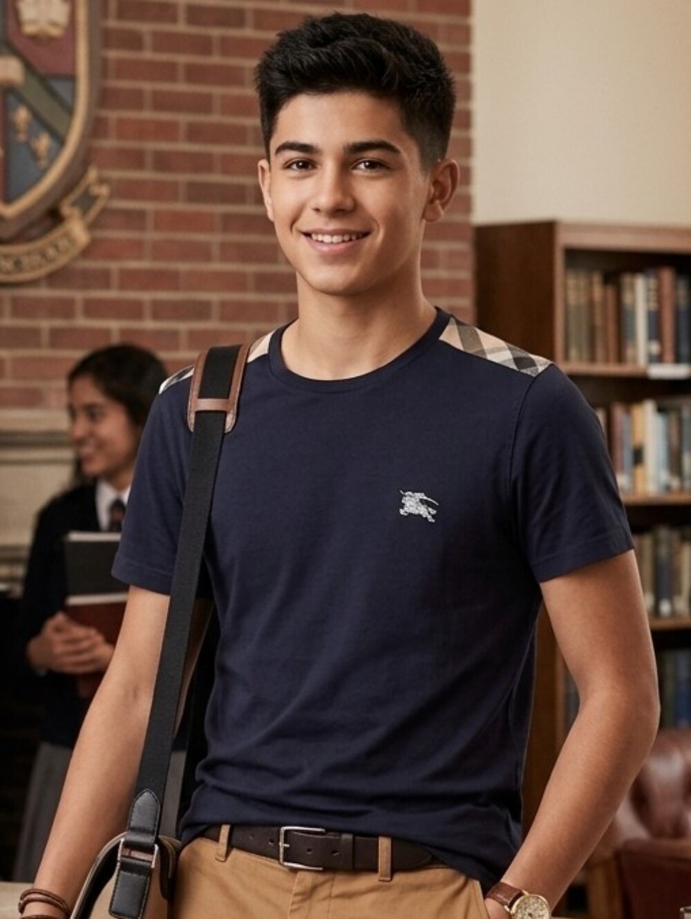 Burberry Navy Tee with Signature Check Shoulder Detail